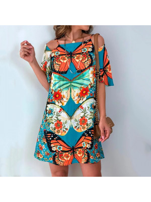 Womens Sexy Midi Dress Summer Backless Beach Butterfly Print Dress Short Sleeve
