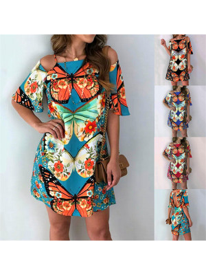 Womens Sexy Midi Dress Summer Backless Beach Butterfly Print Dress Short Sleeve