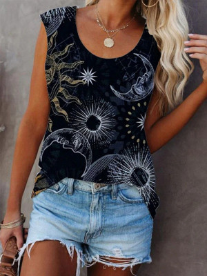 Womens Moon Sun Print Cami Tank Top Summer Sleeveless Ladies Vest T-Shirt Blouse