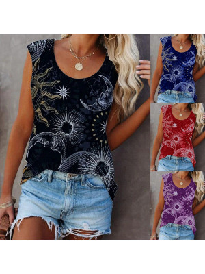 Womens Moon Sun Print Cami Tank Top Summer Sleeveless Ladies Vest T-Shirt Blouse