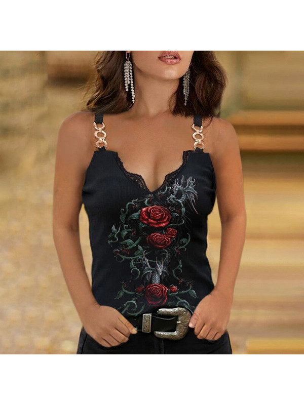 Womens Summer Flowers Print Camisole T-Shirt Blouse Lace Tops Ladies Sleeveless