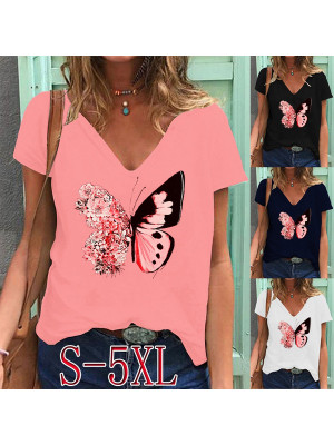 UK Womens Summer V-Neck Tops Loose T-Shirt Ladies Casual Baggy Blouse Plus Size