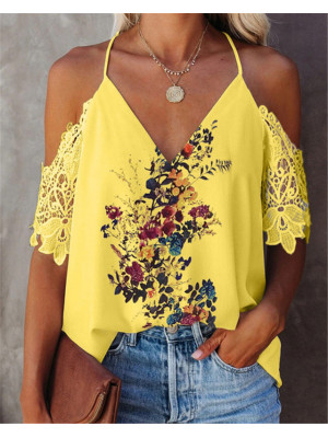 Plus Size Women Cold Shoulder Floral Tops Shirt Summer V-Neck Casual Cami Blouse