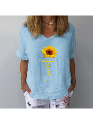 Womens Summer Cotton Linen Short Sleeve Tops Ladies Floral Loose T-shirt Blouse