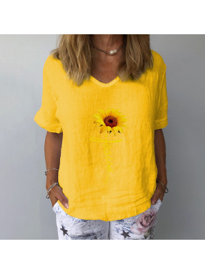 Womens Summer Cotton Linen Short Sleeve Tops Ladies Floral Loose T-shirt Blouse