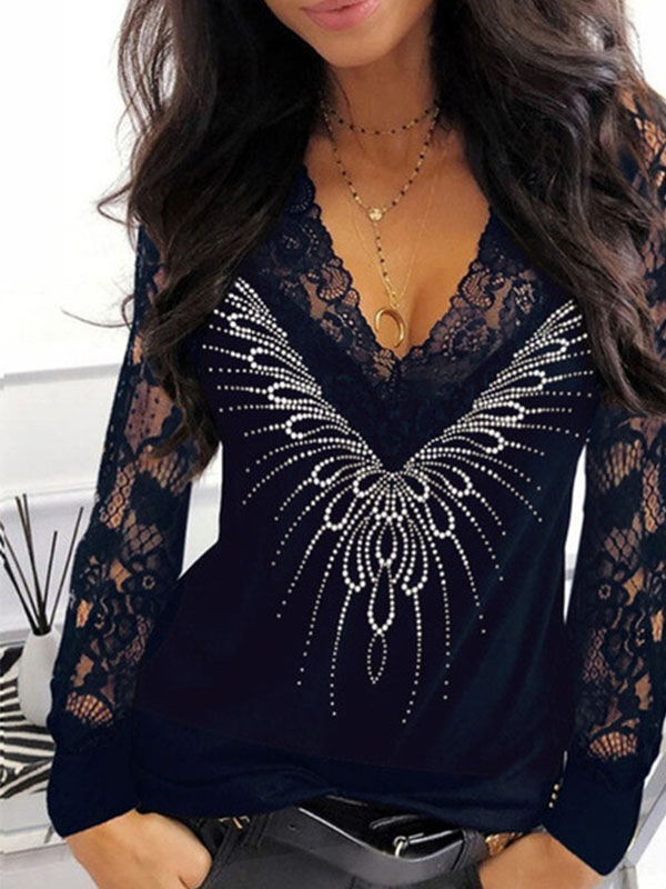Women Sexy V Neck Blouse Lace Long Sleeve Tops Ladies Casual Hollow Out T-Shirt