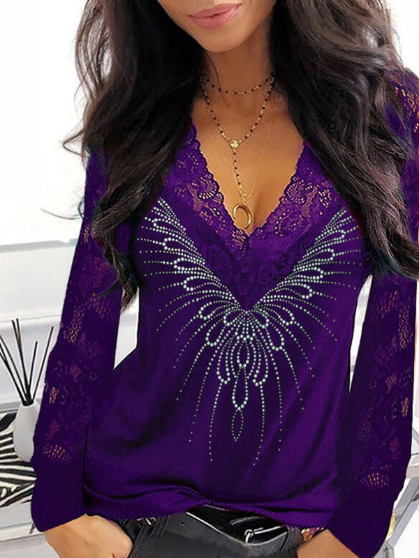 Women Sexy V Neck Blouse Lace Long Sleeve Tops Ladies Casual Hollow Out T-Shirt