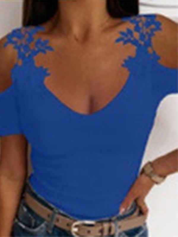 Womens Lace Cold Shoulder Summer V-Neck Blouse Ladies Short Sleeve Tops T-shirt