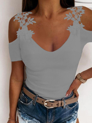 Womens Lace Cold Shoulder Summer V-Neck Blouse Ladies Short Sleeve Tops T-shirt