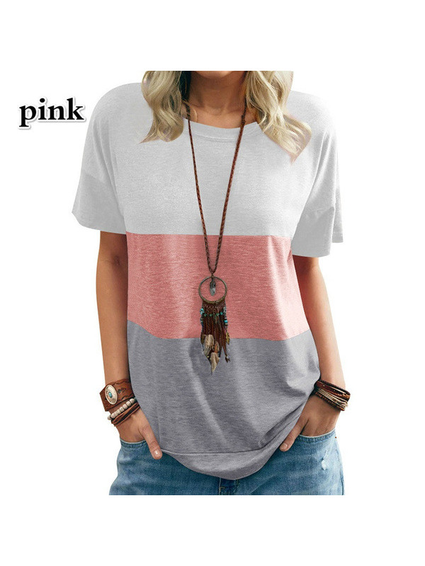 Women's Contrast Color Blouse Tops T-shirt Summer Short Sleeve Loose Tee Shirts