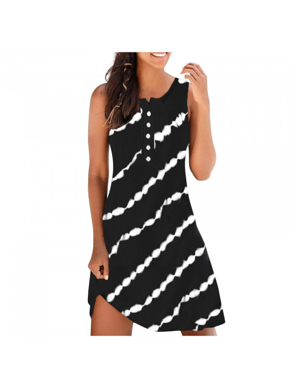 Womens Summer Beach Stripes Dress Ladies Loose Sleeveless Button Vest Sundress 