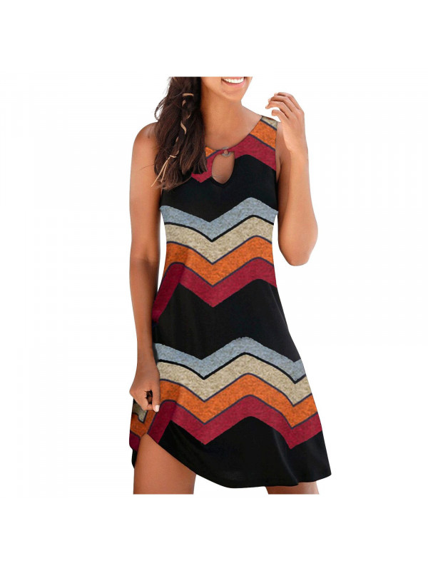 Womens Summer Beach Stripes Dress Ladies Loose Sleeveless Button Vest Sundress 