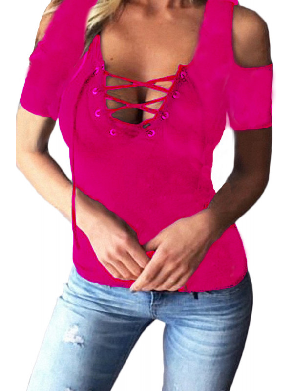 Women's Sexy Cold Shoulder Slim V Neck T-Shirt Tops Blouse Pullover Short Sleeve