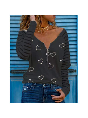 Plus Size Womens Zipper V-Neck Tops Pullover T-Shirt Ladies Casual Heart Blouse