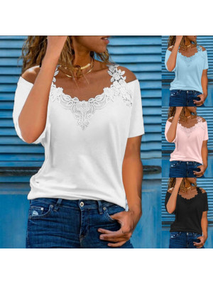 Womens Plain Short Sleeve T Shirt Ladies Casual Lace Tee Tops Blouse Plus Size