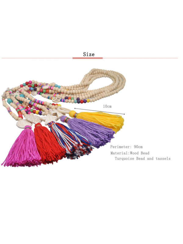 Boho Wooden Beaded Tassel Pendant Holiday Dress Necklace Sweater Chain Jewelry