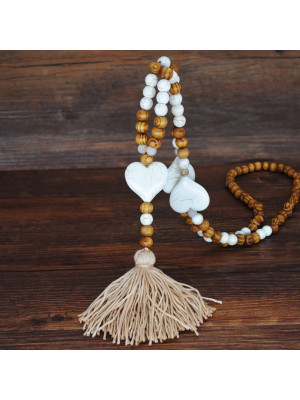 Boho Wooden Beaded Tassel Pendant Holiday Dress Necklace Sweater Chain Jewelry