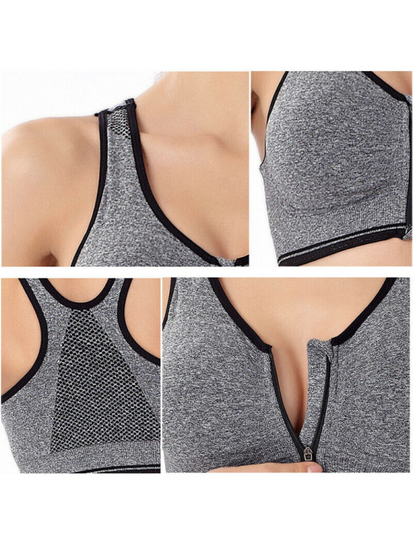 Womens Wireless Padded Sports Bra Front Zip Yoga Cami Push Up Vest Comfort Tops