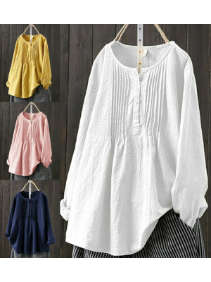 Plus Size Summer Women Cotton Linen Blouse Tops Ladies Baggy Long Sleeve T-Shirt 