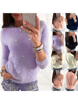 Women Casual Plain Blouse Tops Ladies Pullover Long Sleeve Fluffy Jumper Sweater