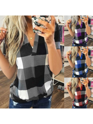 Plus Size Womens V Neck Loose Tops Blouse Ladies Plaid Check Summer T Shirts