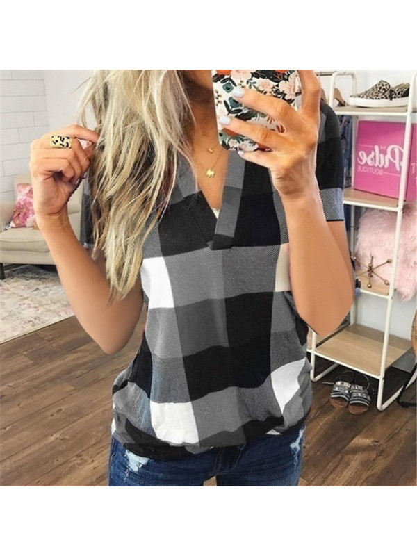 Plus Size Womens V Neck Loose Tops Blouse Ladies Plaid Check Summer T Shirts