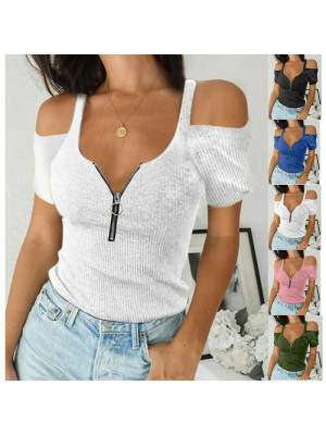 Plus Size Womens Summer Zip Neck T Shirt Ladies Cold Shoulder Sexy Tops Blouse