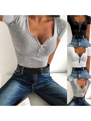 Womens Sexy Zipper V Neck T Shirt Ladies Slim Fit Tee Blouse Crop Tops Plus Size