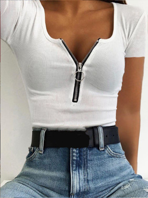 Womens Sexy Zipper V Neck T Shirt Ladies Slim Fit Tee Blouse Crop Tops Plus Size