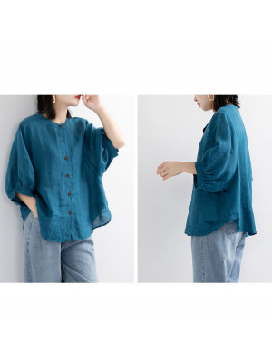 Womens Casual Cotton Linen Plain Button Tops Ladies Loose Summer T-shirt Blouse