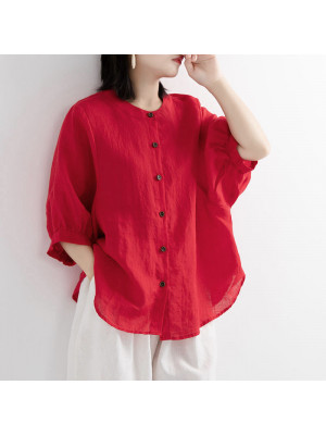 Womens Casual Cotton Linen Plain Button Tops Ladies Loose Summer T-shirt Blouse