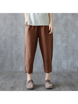 Womens Cotton Linen Elastic Waist Harem Trousers Ladies Casual Baggy Crop Pants