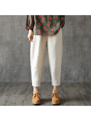 Womens Cotton Linen Elastic Waist Harem Trousers Ladies Casual Baggy Crop Pants