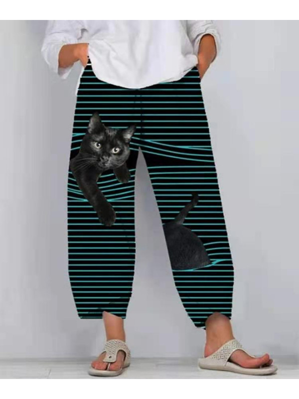 Plus Size Womens Casual Stripe Trousers Ladies Baggy Harem Elastic Waist Pants