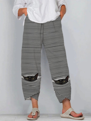 Plus Size Womens Casual Stripe Trousers Ladies Baggy Harem Elastic Waist Pants
