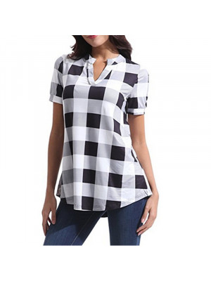 Womens V Neck Plaid T-Shirt Ladies Casual Check Shirts Tops Blouse Tee Plus Size