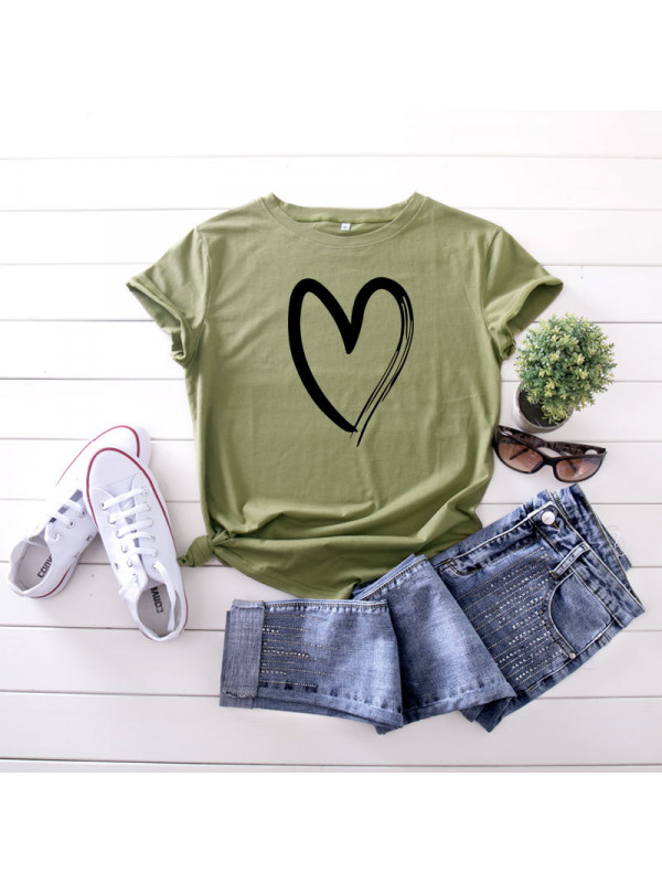 Womens Summer Casual Crew Neck T Shirts Blouse Ladies Heart Print Basic Tee Tops