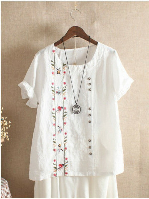 UK Summer Womens Cotton Linen Loose Blouse Floral Tops Ladies T-Shirts Plus Size
