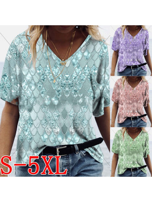 Boho Womens V-Neck Short Sleeve Blouse Ladies Floral T-Shirt Casual Baggy Tops 
