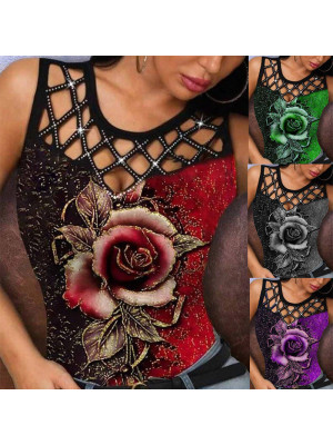 Women Summer Sexy Rose Print Blouse Tank Vest Ladies Cami Tops T Shirt Plus Size