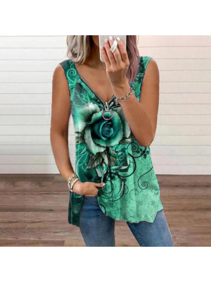 Summer Womens Casual V Neck Sleeveless T Shirt Lady Flower Blouse Tops Plus Size
