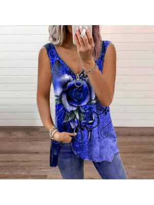 Summer Womens Casual V Neck Sleeveless T Shirt Lady Flower Blouse Tops Plus Size
