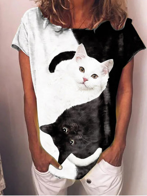 Summer Womens Casual Short Sleeve Blouse Ladies Cat Print T Shirts Pullover Tops
