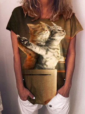 Summer Womens Casual Short Sleeve Blouse Ladies Cat Print T Shirts Pullover Tops