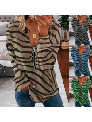 Womens Zipper V Neck Blouse T Shirt Casual Tops Ladies Long Sleeve Tee Plus Size