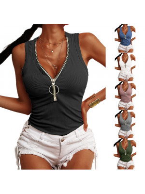 Womens Sexy V Neck Zipper Blouse Ladies Slim Fit Tops T-Shirt Casual Vest Tank
