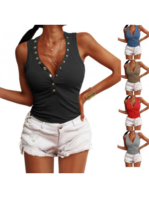 Womens V Neck Botton Blouse Sexy Ladies Slim Fit Tops T-Shirt Vest StripeTank
