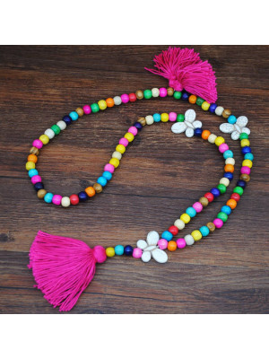 Boho Multicolour Wooden Bead Tassel Pendant Necklace Long Sweater Chain Jewelry
