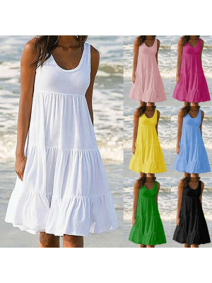 Plus Size Women Sleeveless Solid Vest Dress Ladies Summer Beach Frill Midi Dress