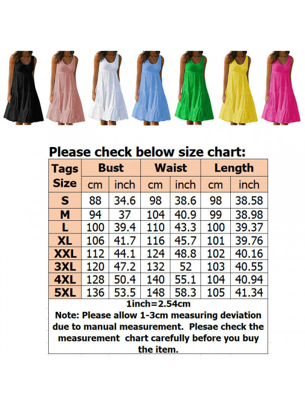 Plus Size Women Sleeveless Solid Vest Dress Ladies Summer Beach Frill Midi Dress